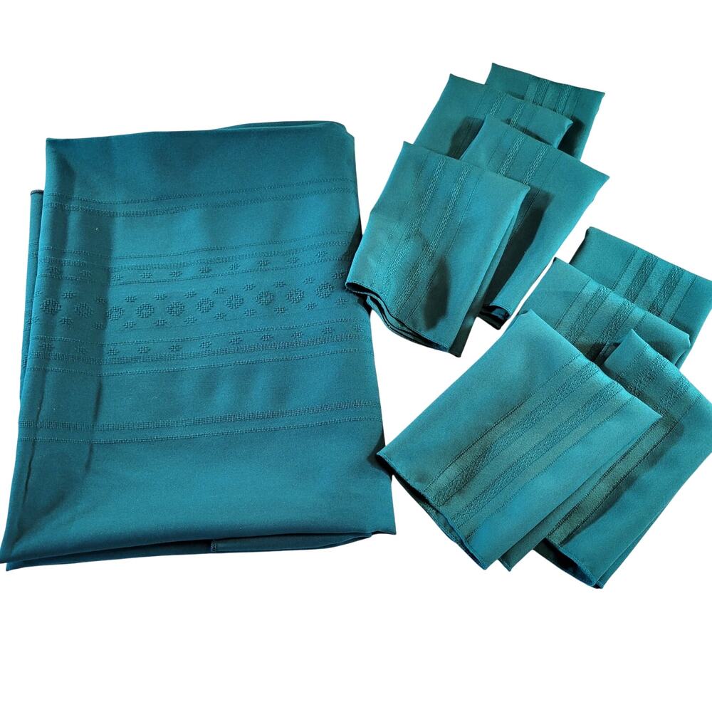 Dark Emerald Green Tablecloth 92x67 Rectangle w/ 8 Napkins Textured Cotton Blend
